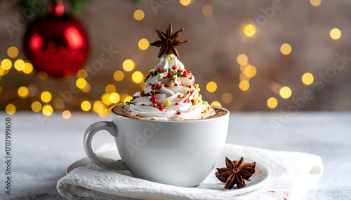 Festive Hot Chocolate with Whipped Cream Christmas Tree and Star Anise.