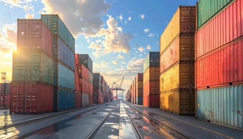 Wallpaper Mural Rows of Shipping Containers at a Port Terminal Under Blue Sky and White Clouds with Sun Flare, Industrial Cargo and Transport Concept Torontodigital.ca