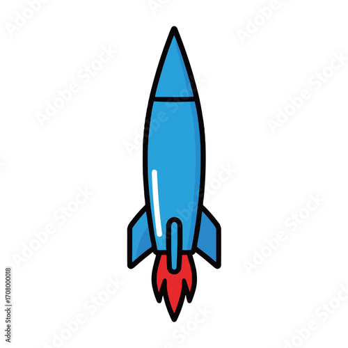 A simple cartoon illustration of a blue rocket ship launching with red flames, a symbol of space travel and ambition.