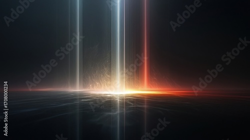 Abstract landscape with glowing beams of light radiating upward through a dark environment,