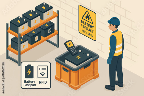 Vector illustration showing battery storage safety with RFID scanning and fire risk signage in industrial environment with clean layout.