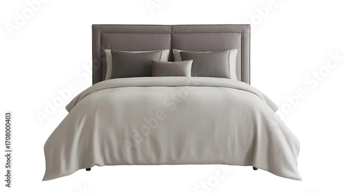 Cozy and luxurious, a comfortable double bed with a white comforter and pillows awaits in a modern bedroom interior