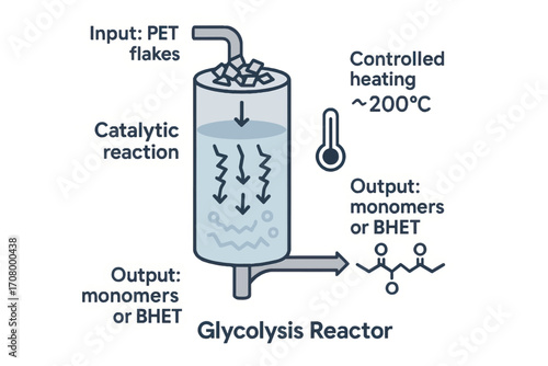 Vector infographic depicting glycol-based PET recycling with catalytic reaction in heated reactor producing monomers for sustainable reuse.
