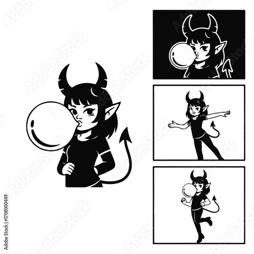 A black and white illustration of a cartoon devil girl blowing a large bubblegum bubble.