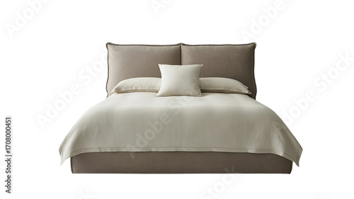 Cozy and luxurious, a comfortable double bed with a white comforter and pillows awaits in a modern bedroom interior