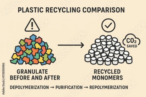Vector comparison of plastic granulate before and after recycling via depolymerization, purification and repolymerization processes for sustainability.