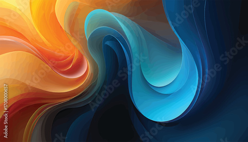 Dynamic flow of colorful liquid light waves in a modern abstract design with vibrant orange and blue gradient