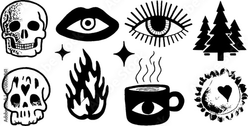 Collection of abstract blackwork shapes with bold lino cut design elements