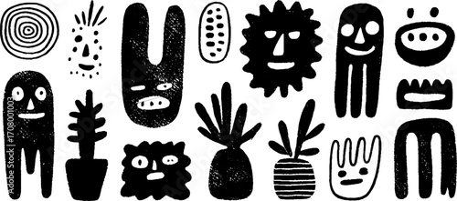 Whimsical abstract body and face set with twisted torso and elongated arm characters for creative design