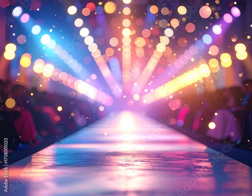 Aesthetic ultra realistic fashion runway bokeh overlay with glowing blurred spotlight