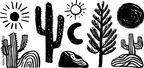 Abstract desert cactus and dune illustrations with spiral elements for creative design