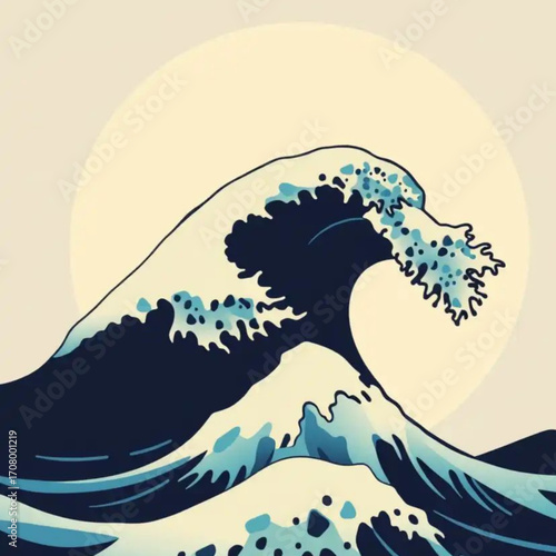 The Great Wave off Kanagawa: A stunning illustration of a colossal wave, inspired by a classic Japanese artwork, rising dramatically against a backdrop of a pale sun.
