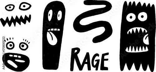 Abstract emotion icons with smiley faces, twisted shapes, and expressive rage