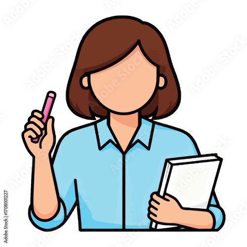 A simple cartoon illustration of a person holding a notepad and pen, representing a professional job or student.