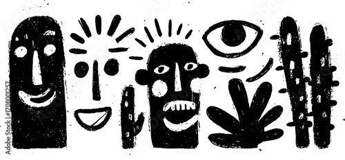Abstract emotions set with smiling and sad faces in textured illustration for expressive design