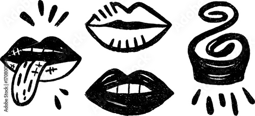 Expressive abstract lip art with open mouths and dripping details for modern design