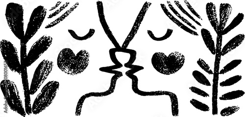 Abstract lovers kiss with floral elements - romantic illustration for art projects