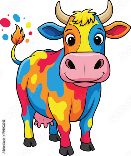 Vibrant cartoon cow with colorful painted spots and playful tail vector