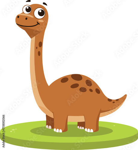 Cute cartoon brown brontosaurus dinosaur standing on green grass vector