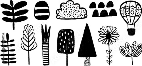 Whimsical air symbols collection with feathers, wings, clouds, and balloons