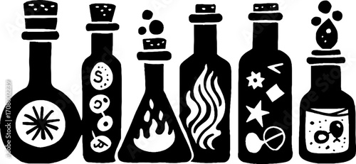 Alchemy set with symbolic flasks featuring sulfur and salt elements for magical decor