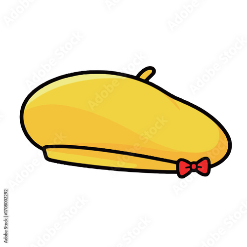A cartoon illustration of a yellow beret with a small red bow, a fashionable hat accessory.