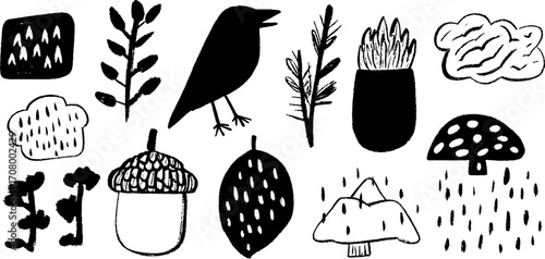 Autumn-inspired abstract illustration with leaves, acorns, and woodland elements for design