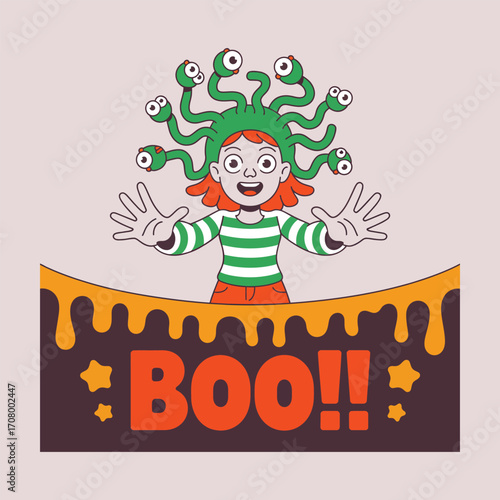 Happy medusa costume character with boo halloween decoration vector
