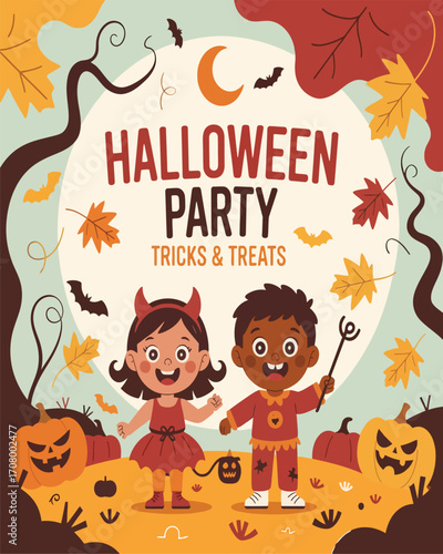 Happy halloween party invitation for kids with costumes vector
