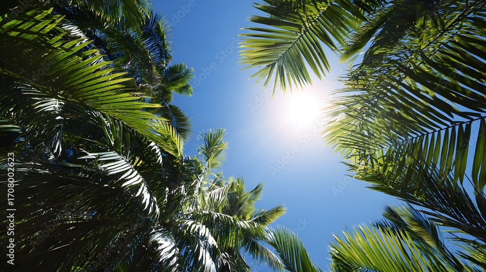 Fototapeta premium View of palm tree leaves against a clear blue sky with the sun shining.