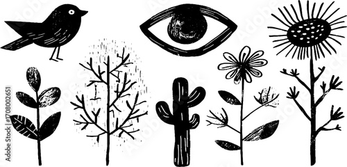 Botanical dreams collection: moon, sun, leaves, flowers, and bird silhouettes for creative design