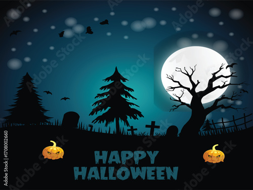 Spooky halloween night cemetery scene with moon and pumpkins vector
