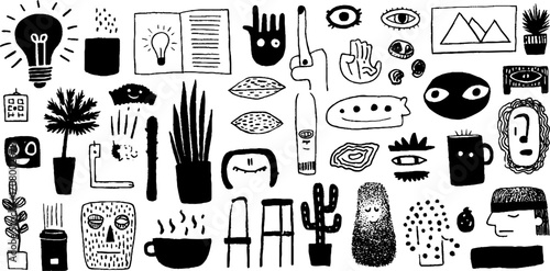 Creative brainstorming session with diverse doodles and abstract sketches