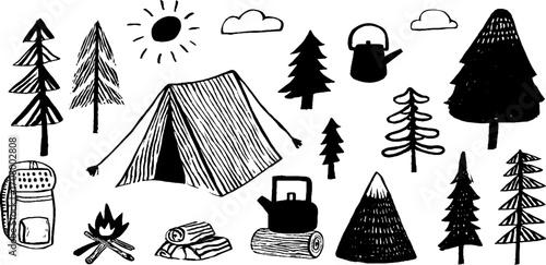 Outdoor camping adventure set with tent, campfire, and pine trees