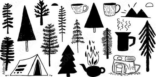 Camping adventures: tent, campfire, pine trees, and more for outdoor designs