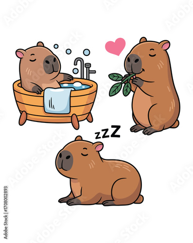 Three adorable capybaras enjoying relaxation and healthy eating habits vector