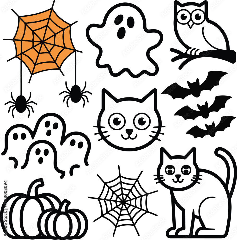 Fototapeta premium Halloween icons set with ghosts cats bats pumpkin and spiderweb vector