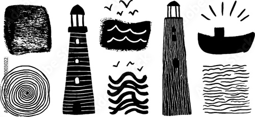Coastal elements with rocky cliffs, spiral waves, and lighthouses for nautical designs