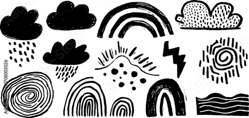 Set of cloud textures with soft puffs, spirals, storm elements, and dots for creative design