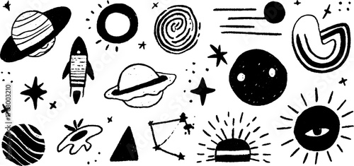 Cosmic exploration: planetary rings, comets, and spiral galaxies illustrated set for design