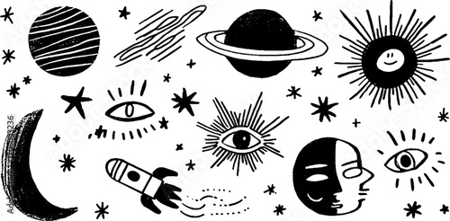 Cosmic surreal illustration with planets, eye comets, and celestial faces for design
