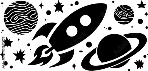 Cosmic exploration: planets, rockets, and celestial objects for design and decor