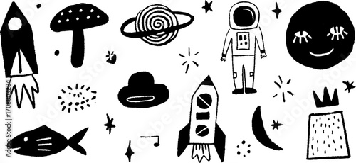 Cosmic journey: astronaut, mushroom rocket, and celestial elements for creative design