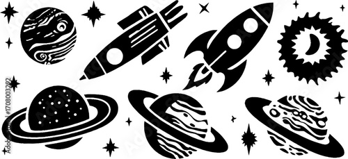 Celestial exploration set featuring planets, satellites, comets, and asteroids for space-themed designs