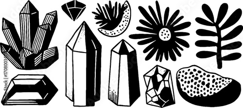 Ethereal crystals and nature elements tattoo flash set for artistic design