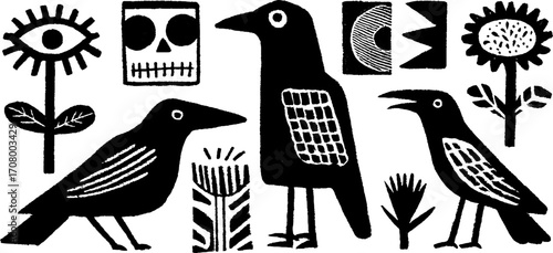 Crows and objects tattoo flash art with eye and skull elements