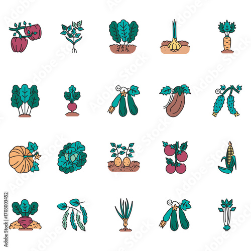 Vegetable cultivation black line icons set for digital and print projects. Arctic animals.