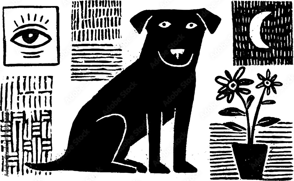 Fototapeta premium Celestial canine tattoo flash with sitting dog and abstract elements