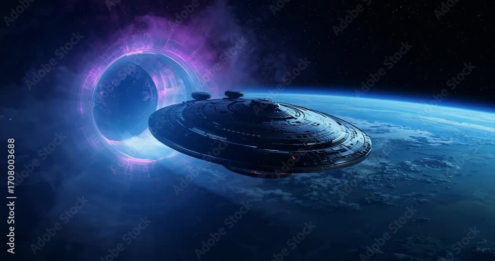 Following purple wormhole, disc-shaped spacecraft pivoting and entering portal above blue planet