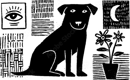 Celestial canine tattoo flash with sitting dog and abstract elements